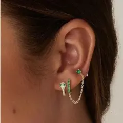 Green Double Piercing Pave Huggies w/ Chain Tassel Zirconia Pave Huggie Stud