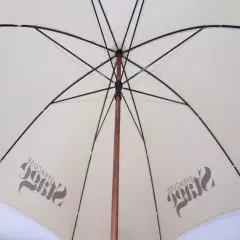 VTG Rain Sun Umbrella Parasol Syracuse Stage Nylon Brown Tan Wood Handle Art