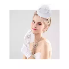 Fascinator Hat Flower Mesh Face Veil Feather Hair Clip for Women 6 3/4 White