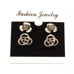 New Fashion Jewelry Women's 2 Pair Stud Earrings Silvertone Roses & Celtic Knots