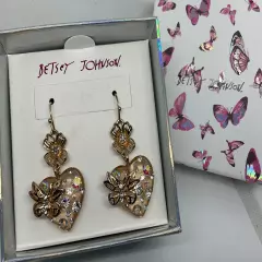 Betsey Johnson Acrylic Heart Earrings Rhinestones Gold Tone Butterfly & Flowers