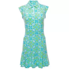 IBKUL Sleeveless Polo Dress XL Moroccan Tile Turquoise/Lime Golf UPF 50