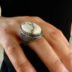 925 Sterling Silver Oval White Turquoise Stone Filigree Turkish Men's Ring