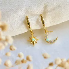 Celestial Moon Star Huggie Gold w/ Opal & Cubic Zirconia Dainty Hoop Earrings