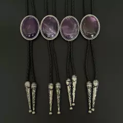 Natural Amethyst Stone Men Bolo Tie Vintage Alloy PU Rope Wedding Party Necklace