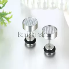 Mens Stud Earrings Stainless Steel Illusion Tunnel Plug Screw Back Carbon Fiber