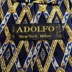 Adolfo 100% Silk Tie Blue Gold Zig Zag Print Men's Necktie