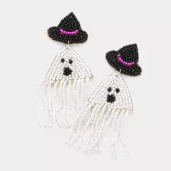 White Felt Back Seed Beaded Witch Hat Ghost Fringe Dangle Earrings