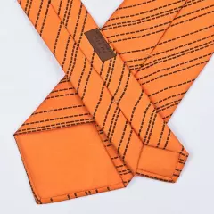 HERMES TIE 5114 HA Brown Dash Striped on Orange Silk Necktie