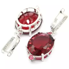 Fantastic Oval Gemstone Raspberry Rhodolite Garnet CZ Silver Earrings 