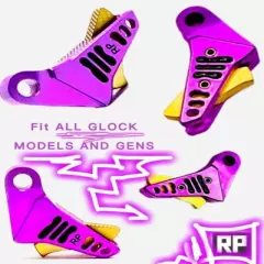 For One Glock Flat Face Trigger Shoe By Ranger Proof Purple, gold, and black