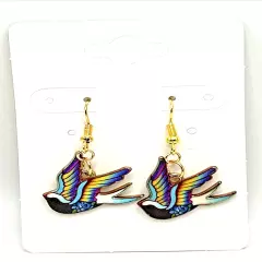 Colorful Enamel SWALLOW Birds Tattoo Style Dangle Drop Earrings Stainless Hooks