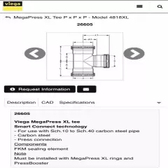 4" x 4" x 1-1/2" Viega 26605 MegaPress XL Tee Press Fitting On Steel Pipe FKM