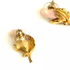 RETIRED AVON "PINK PORCELAIN ROSE " PIERCED EARRINGS 1.25" L GOLD TONE