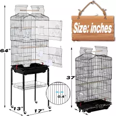 Bird Cage Parakeet 64 Inch Open Top Standing Parrot Accessories with Rolling Sta