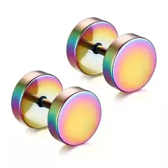 Pair Flat Round Barbell Plug Stud Earrings Surgical Stainless Steel Mens Unisex