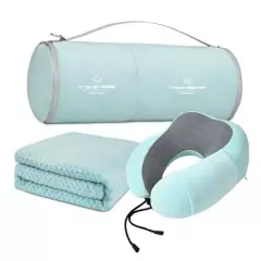 Travel Pillow and Blanket Set Neck Pillow Airplane Memory Foam for B-blue Green