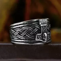 Nordic Viking Celtic Thor’s Hammer Ring Stainless Steel Men's Retro Skull Ring