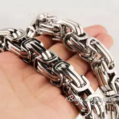 HEAVY 15mm Chain Silver Byzantine Link Stainless Steel Men's HUGE Bracelet 8~12"