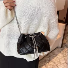 Black Mini Quilted Metal Tassel Decor Chain Bucket Bag