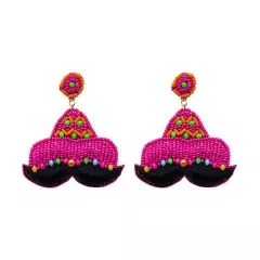 Pink Felt Back Seed Beaded Hat Mustache Dangle Earrings