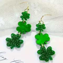 Three Green Shamrocks Resin Dangle Earrings w/gold tone hooks