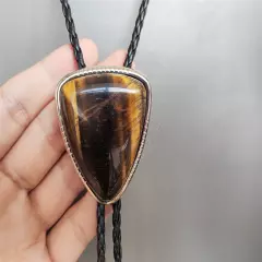 Triangle Tiger-eye Stone Western Cowboy Mens Bolo Tie PU Rope Wedding Necktie