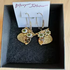 Betsy A Johnson Owl Earrings With Green Glass Eyes