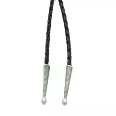 4mm Braided Genuine Black Leather Cord Rope w/ Ribbed Metal Tips for Bolo Ties