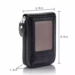 Men Leather Credit Card Holder RFID-Blocking Zipper Pocket Wallet with ID Window