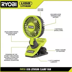 Ryobi USB Lithium Clamp Fan Kit With 2.0 Ah USB Lithium Battery And Charge Cord