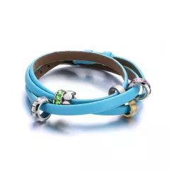 Light Blue Genuine Leather Bracelet - Bead Crystal and Stainless Steel Bracelet