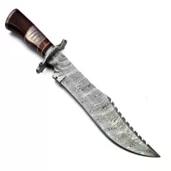 Handmade Damascus Steel 15.5 Inches Bowie Knife - Rose Wood & Bull Horn Handle