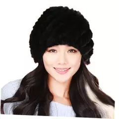 Women's Rabbit Fur Hat Furry Knit Beanie Hat Warm Winter Medium Pineapple-black