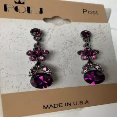 POFJ Crystal Floral Earrings Purple Crystals & Antique Silver Tone Metal Vintage