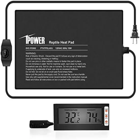 IPower Reptile Heat Mat Under Tank Warmer 4W/8W/16W/24W Terrarium Heater Heating Pad With Temperature Adjustable Controller Knob, Digital Thermometer And Hygrometer For Amphibian, Multi Sizes