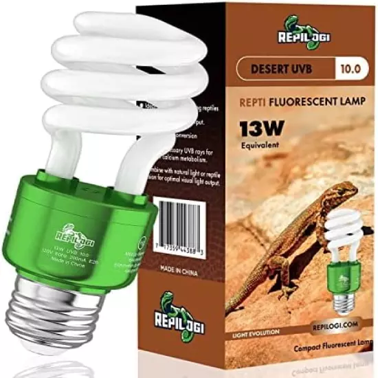 REPILOGI UVB Reptile Light 10.0 13 Watt - UVA UVB Bulb For All Desert Dwelling Reptiles,Turtle, Bearded Dragon, Lizard, Gecko Etc. - Fluorescent Simulation Color UVB Light Fixture With Bulb