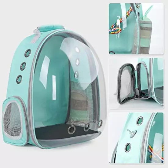 Green Bird Backpack Carrier with Portable Bird Feeder Cups, Pet Bubble Carrier for Pet Birds, Airline-Approved, Ventilate Transparent Space Capsule Carrier Backpack for Travel, Hiking and Outdoor Use