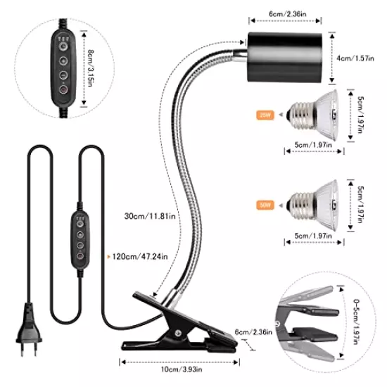 Buddypuppy Reptile Heat Lamp, UVA UVB Reptile Light With 360° Rotatable Hose And Timed, Heating Lamp With 2 Bulbs Suitable For Bearded Dragon Reptiles Turtle Lizard Snake (Heat Lamp 25w/50w Bulb)