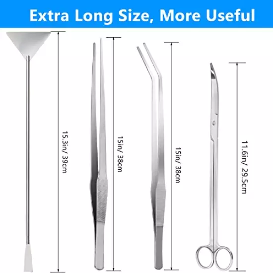 Liveek Aquarium Aquascape Tools Kit 15 in, 4in1 Anti-Rust Aquatic Plant Aquascaping Tool Stainless Steel Silver Tweezer Scissors Spatula for Aquarium Tank Clean