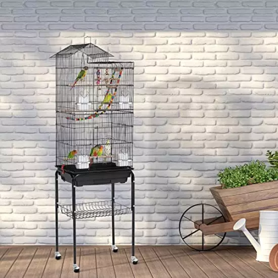 Yaheetech 62.4'' Roof Top Bird Cage Wrought Iron Rolling Parrot Cage for Medium Small Birds Budgies Cockatiels Parakeets