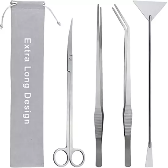 Aquarium Aquascape Tools Kit, Long 15 Inch Stainless Steel Aquatic Plants Tools, 4 in 1 Anti-Rust Aquascaping Tweezers Scissors Spatula Scrapers Tool Set for Fish Tank Cleaning Plant Trimming Shears