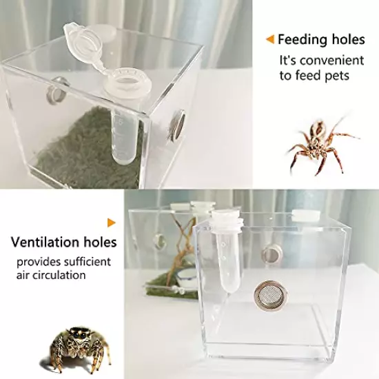 JOBEDE Spider Terrarium, Acrylic Reptile Breeding Box Jumping Spider Enclosure With Dropper Tongs For Tarantula Scorpion Sling Isopods Invertebrates Insects Mantis Snake Gecko Frog