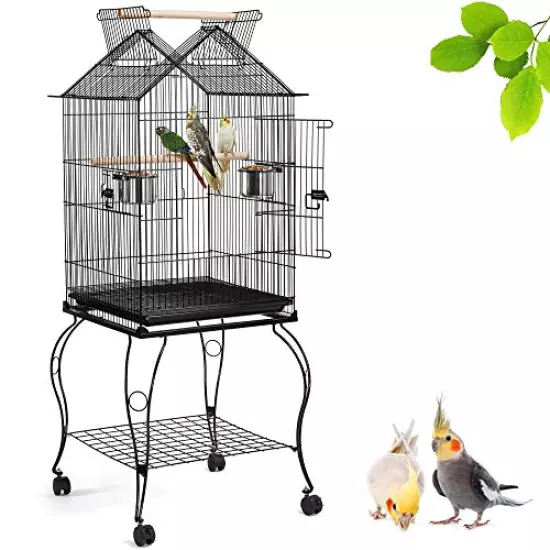 Yaheetech 57-Inch Rolling Open Top Roof Bird Cage for Mid-Sized Parrots Cockatiels Caique Quaker Monk Indian Ring Neck Green Cheek Conure Middle Bird Cage with Detachable Stand