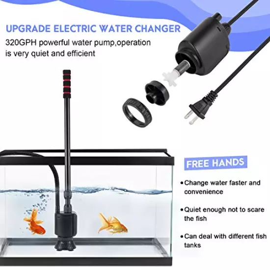 AQQA Aquarium Gravel Cleaner Siphon Kit,6 in 1 Electric Automatic Removable Vacuum Water Changer，Multifunction Wash Sand Suck The Stool Filter 110V/20W 320GPH