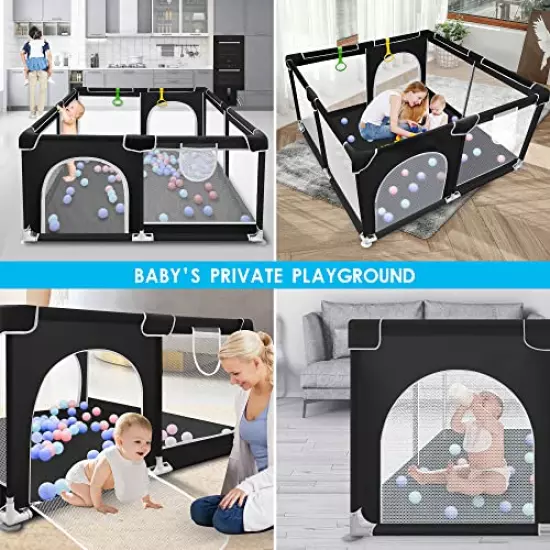 Baby Playpen, Baby Playard, Playpen for Babies with Gate Indoor & Outdoor Kids Activity Center, Newly Upgraded playpen with Thickened Bottom, Play Yard with Soft Breathable Mesh(Black)