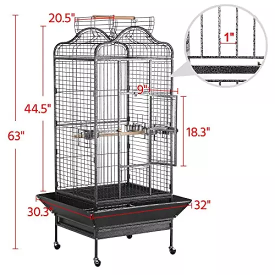 Yaheetech 63'' Bird Cage with Stand Wrought Iron Rolling Open Play Top Large Parrot Bird Cage for Mini Macaw Goffin Cockatoo Cockatiels African Grey Small Quaker Amazon Parrot