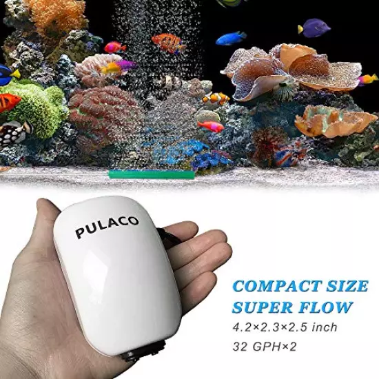 PULACO Ultra Quiet Aquarium Air Pump Dual Outlet , Fish Tank Aerator Pump with Accessories, for Up to 100 Gallon Tank