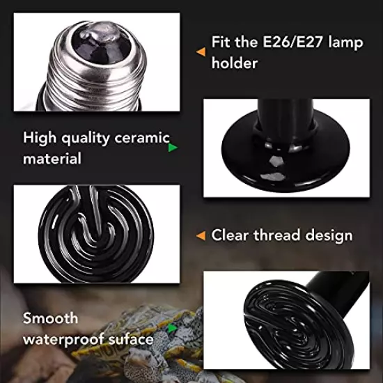 Simple Deluxe 150W Ceramic Heat Emitter Reptile Heat Lamp Bulb No Light Emitting Brooder Coop Heater For Amphibian Pet Terrarium Chameleon Lizards Snakes & Incubating Chicken