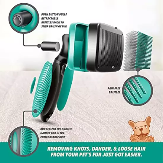 Ruff 'N Ruffus Self-Cleaning Slicker Brush | Upgraded PAIN-FREE Bristles Gently Removes Loose Undercoat, Mats & Tangled Hair | For Cats & Dogs With All Hair Types + FREE Pet Nail Clippers